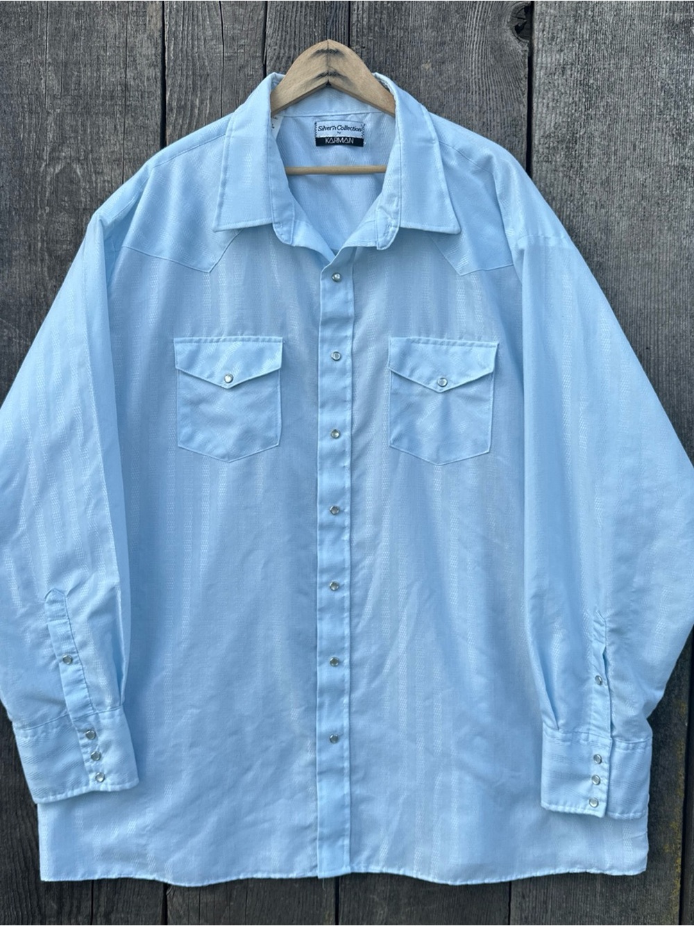 VTG 80s Karman Silver Collection Light Blue Pearl Snap Western Shirt 3X Big Man